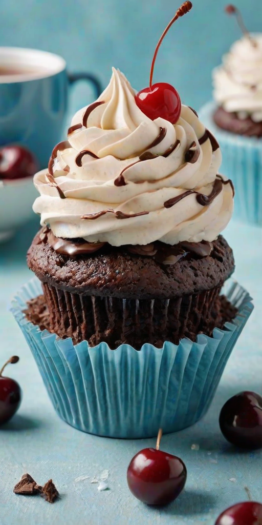 Generate an image of a delicious chocolate cupcake topped with a swirl of creamy frosting and a single cherry on top. The cupcake should have chocolate shavings around the frosting and be placed next to a light blue mug filled with a warm beverage. The background should have a soft, inviting color palette.