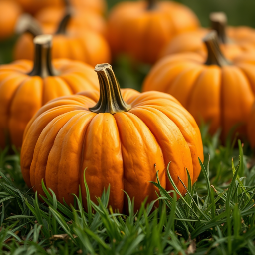 high-quality close-up of bright orange pumpkins on green grass, using a DSLR camera, aperture f/2.8, shutter speed 1/250s, ISO 100, soft focus background, natural lighting, landscape orientation