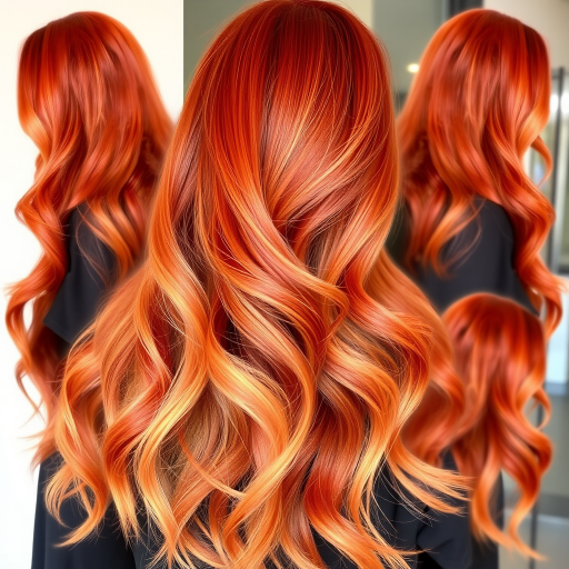 Vibrant copper-hued mane cascading in loose waves, "Sunset Serenade" style featuring subtle ombre tips transitioning to golden streaks, glossy finish catching light beautifully, soft tendrils framing face elegantly, length reaching mid-back with voluminous body and movement