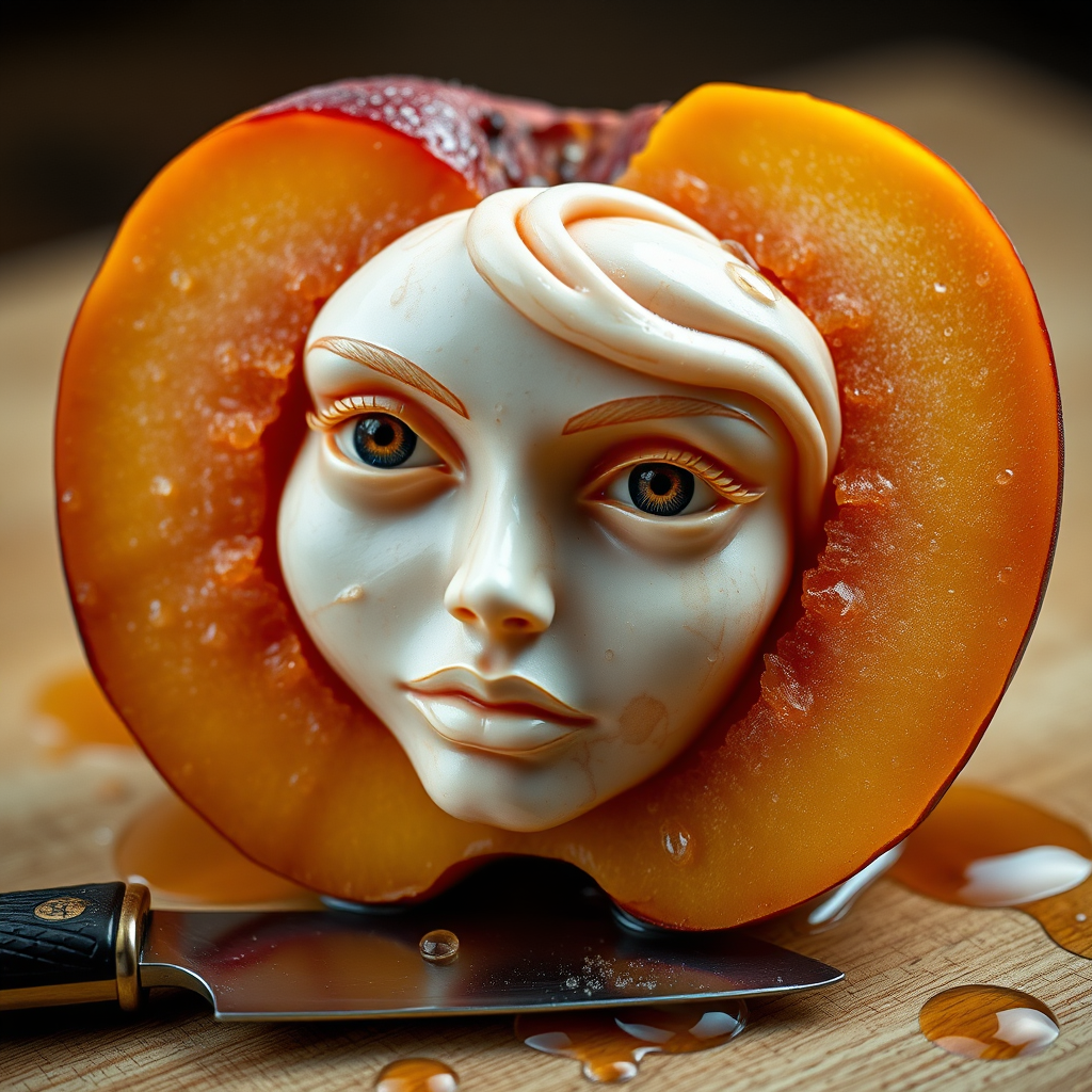 A hyperdetailed photorealistic macro color saturated high resolution image of a peach cut in half, with the peach pit being a highly detailed sculpted woman's face with her eyes open and peach-colored irises. The face has a marble texture. The image includes condensation, moisture, and peach juice. The peach is on a wooden cutting board with a small fruit knife nearby, also covered with juice.