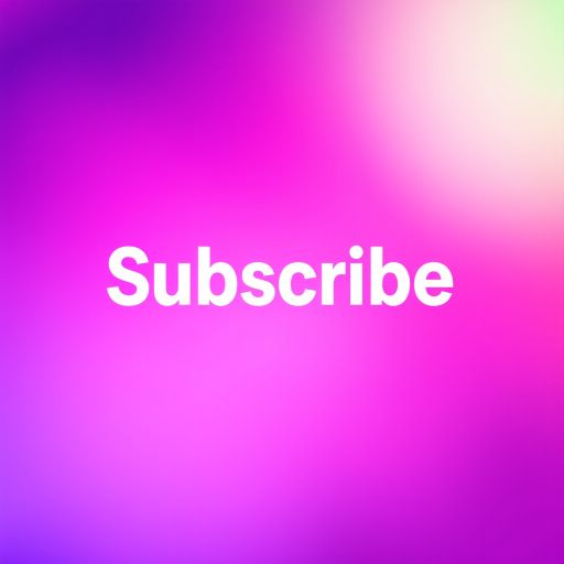 Create a vibrant gradient background from purple to pink with the word "Subscribe" in large, bold, white letters centered in the image, shot with a DSLR camera at f/2.8 aperture, 50mm lens, ISO 100, and a slightly angled view for depth.