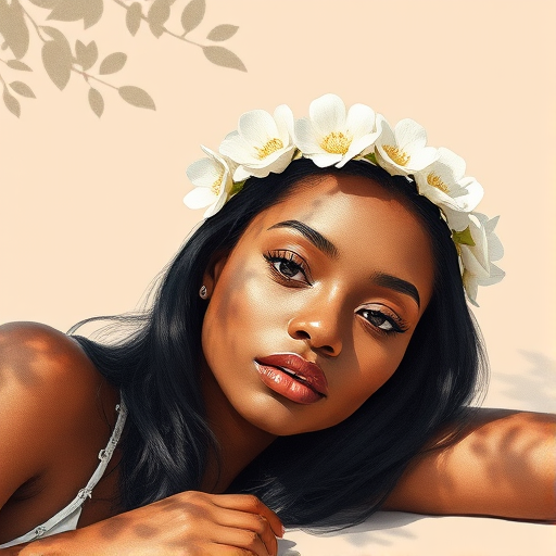 create a watercolor painting of an ethereal portrait of beautiful Afro-Caribbean woman with a simple white flower crown on her head. Her hair is long and she is lying on the ground. The sunlight on the trees casts shadows from the leaves on her face and body. The background is a neutral brown color that matches her skin tone. The image is minimalist and solid colors. This style is characterized by soft, delicate brushstrokes and a light, airy, contrasting color palette. High level of detail and play of light
