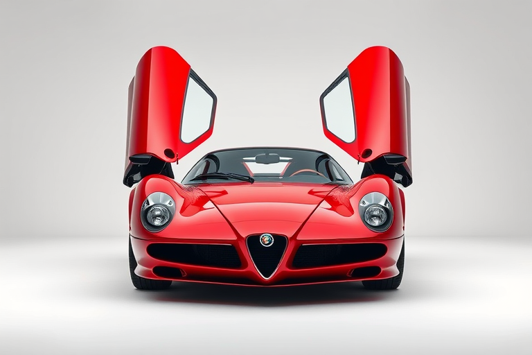 create an image of a red Alfa Romeo Tipo 33 Stradale Prototipo with its doors open, shot with a Canon EOS R5 at f/2.8, ISO 100, 1/200s, using a wide-angle lens, in a studio setting with soft lighting and a white backdrop to enhance details and colors.