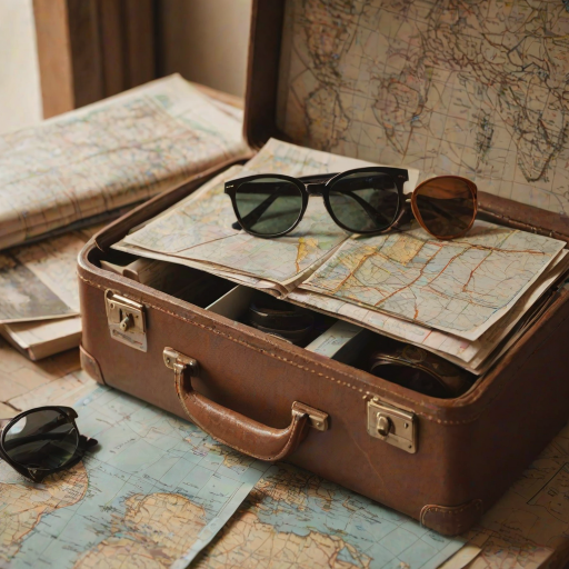Close-up of a vintage suitcase packed with travel essentials, soft light illuminating postcards, a map, and a pair of sunglasses resting on top.