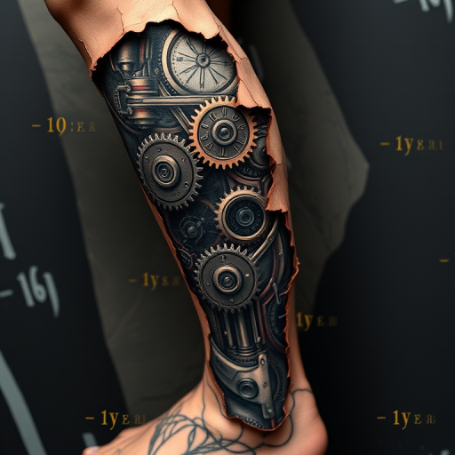 Edgy biomechanical body tattoo covering the entire leg, revealing intricate gears and circuitry beneath torn skin in a fusion of realism and sci-fi aesthetics