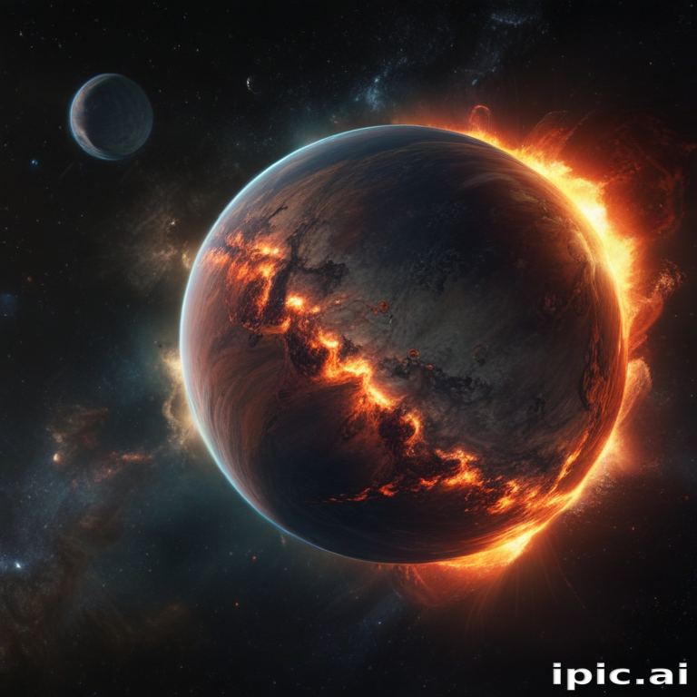 A Fiery Planet Surrounded by Stars and Celestial Bodies in Space