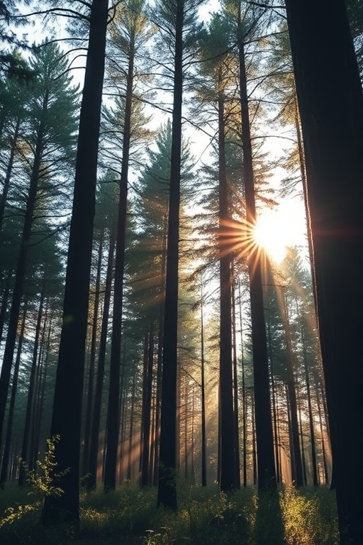 Create a serene forest scene with tall, dark trees and soft sunlight filtering through the leaves, using a Canon EOS R5, 50mm lens, aperture f/1.8, ISO 100, with a shallow depth of field and golden hour lighting.