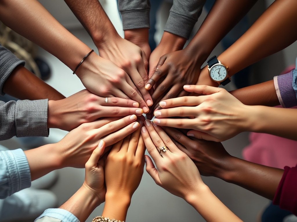 Capture an image of diverse hands clasping each other in a circular formation, highlight skin tones, use a Canon EOS R5 with a 50mm f/1.2 lens, aperture f/2.8, shutter speed 1/125s, ISO 100, focus on texture and detail, soft natural lighting background for enhanced depth.