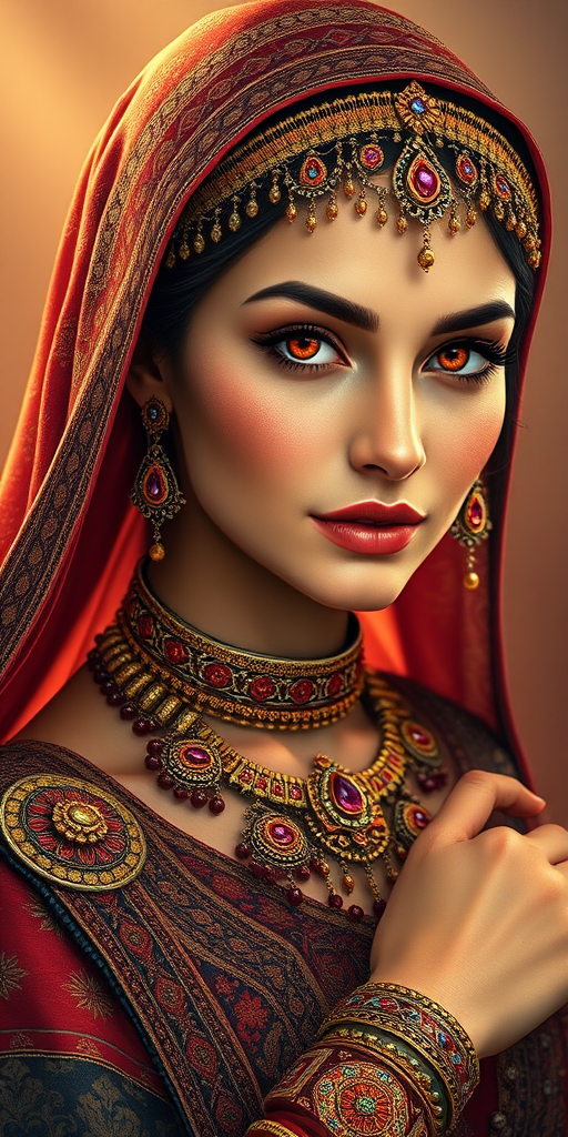 Create a portrait of a beautiful Middle Eastern woman with striking red eyes and a gentle expression. She is adorned in traditional attire with intricate patterns, including a richly embroidered headscarf and matching garments. Her jewelry includes a delicate headpiece, dangling earrings, and ornate bracelets, all featuring vibrant gemstones and detailed metalwork. The background is soft and warm, enhancing the rich colors of her outfit and jewelry.