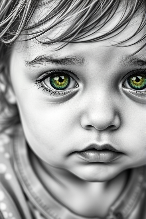 A hyperdetailed photorealistic black and white sketch of a beautiful toddler  with deep green eyes, with a macro focus