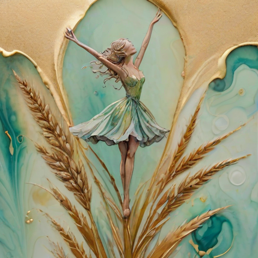 Soft, muted Alcohol Ink with ebru effect background image of tiny whimsical gazalle, who climbed high on the top of a golden rye ear.
