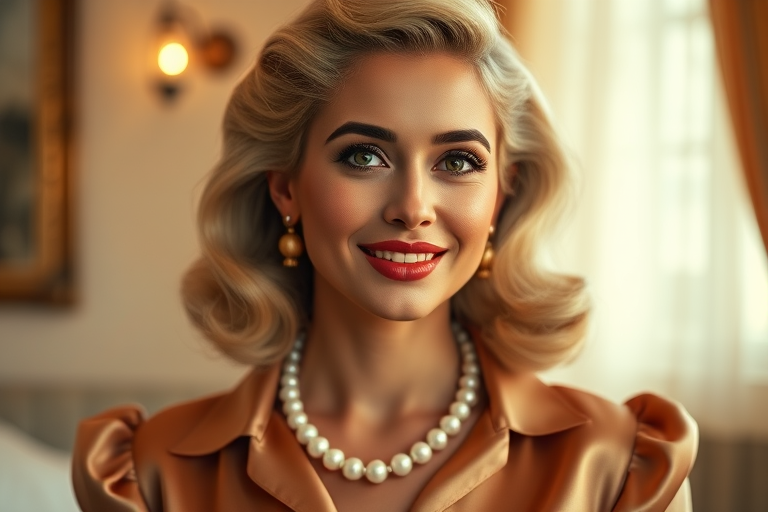 A beautiful Hispanic woman reminiscent of 1950s Hollywood glamour, with perfectly styled blonde hair and a seductive smile, dressed in a satin blouse and adorned with pearls, soft and warm tones, photorealistic, 8K