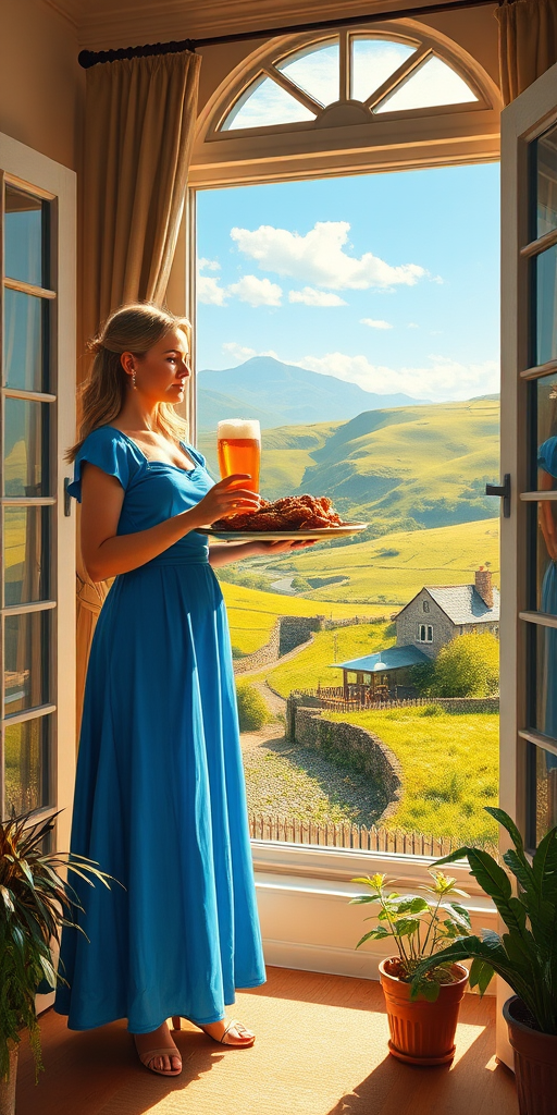 In "A Glass of Beer on the Highland," a serene scene is depicted in a sunlit room where a woman in a vibrant blue dress stands by a large window. She holds a tray with a hearty meal and a frothy glass of beer, embodying a moment of relaxation. Outside, the breathtaking highland landscape features rolling green hills and a charming traditional house, all bathed in warm afternoon light. The interior is adorned with potted plants, creating a harmonious blend of comfort and nature. The painting beautifully captures the tranquility and joy found in simple pleasures amidst stunning scenery