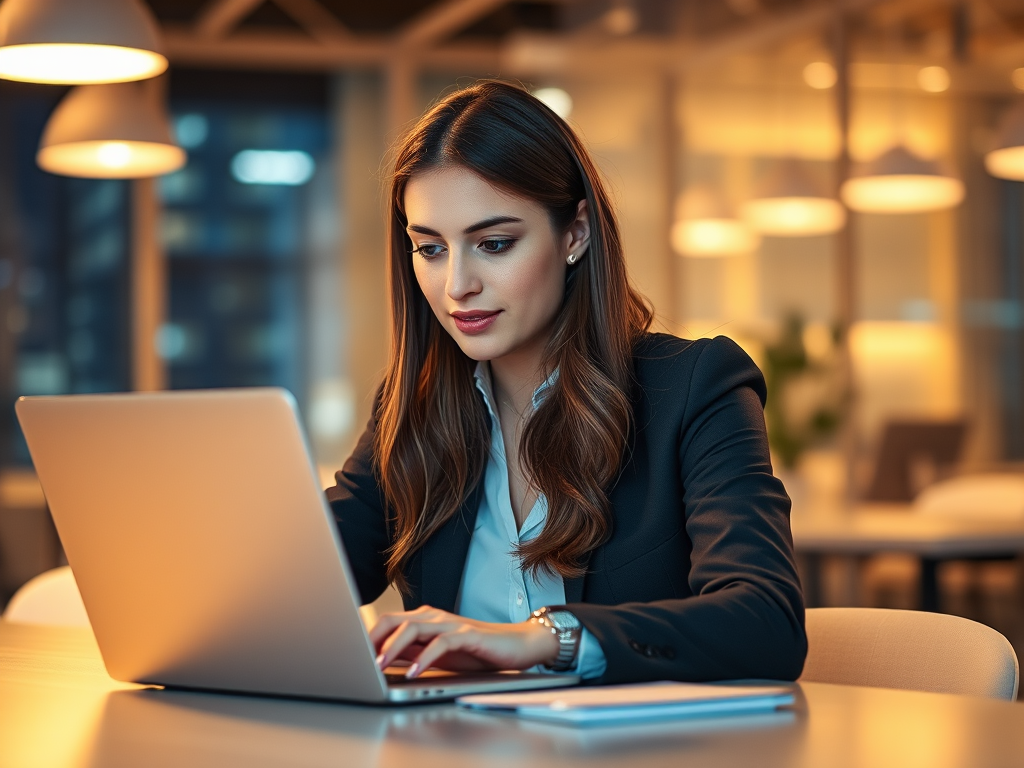 professional young woman working on laptop in modern office at night, warm ambient lighting, f/1.8 aperture, ISO 200, 85mm lens, shallow depth of field, soft focus background