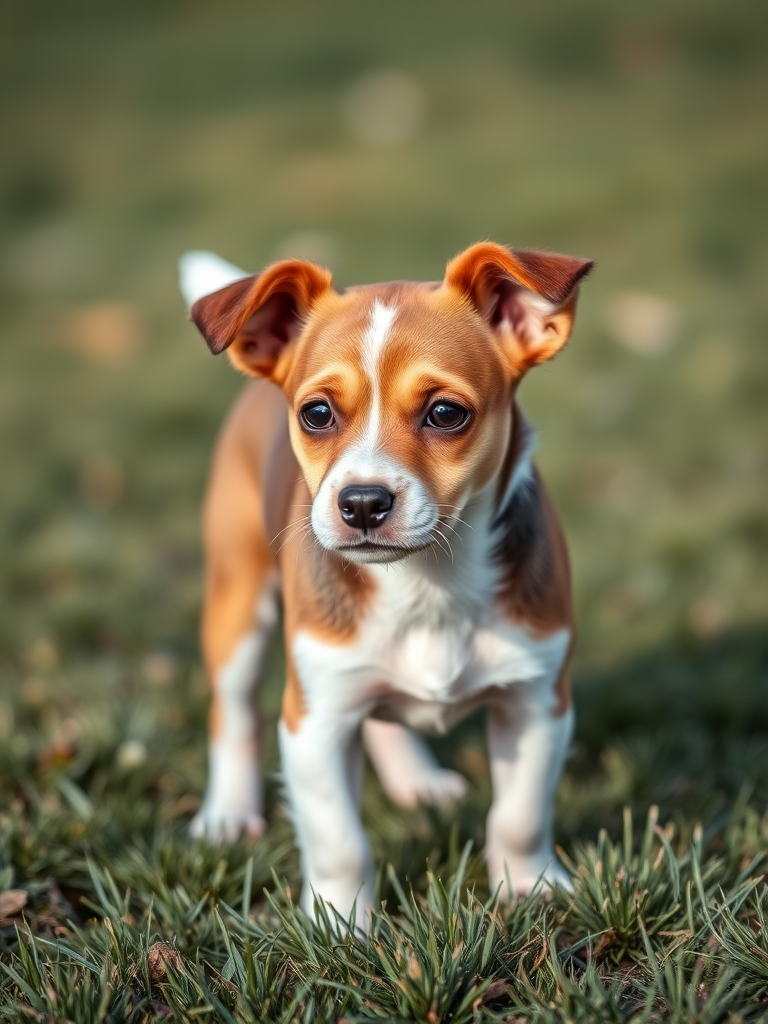 Regenerate the image of a small brown and white dog standing on grass, captured with a DSLR camera at 50mm aperture f/1.8, ISO 200, in natural light, with a shallow depth of field to emphasize the dog while softly blurring the background.