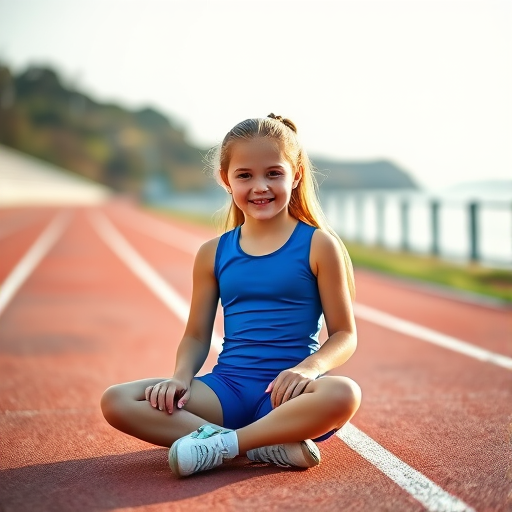 A young girl in a blue athletic outfit sitting on a running track by the shore, soft natural lighting, aperture f/2.8, ISO 200, 50mm lens, portrait orientation, DSLR camera, high-resolution.