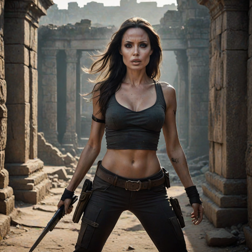 Fierce "Angelina Jolie" action pose, long dark hair in motion, determined expression, Tomb Raider inspired outfit, ancient ruins background, dramatic backlighting, smokey eye makeup, athletic physique