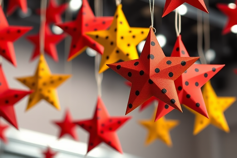 Generate an image of decorative stars in red and yellow with black polka dots, using a DSLR camera, 50mm lens, f/2.8 aperture, ISO 100, 1/200s shutter speed, in a bright studio lighting setup, capturing a high-resolution view from a slightly elevated angle.