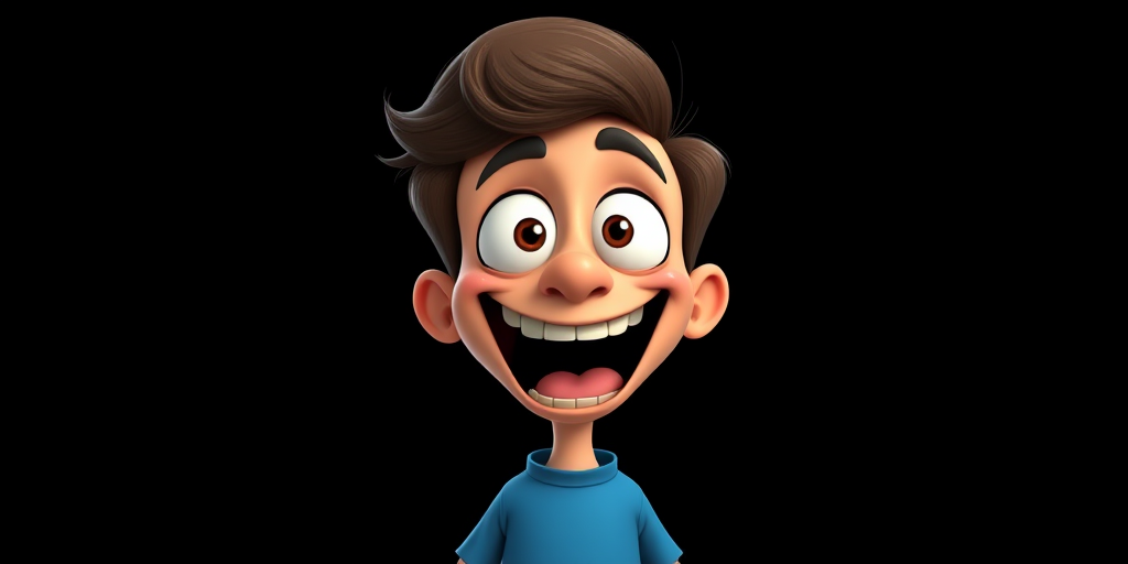 Create a cartoonish image of an exaggerated character with a large mouth wide open, big eyes, and a simplistic blue shirt, set against a solid black background, using a DSLR camera with a 50mm lens, f/1.8 aperture, ISO 100, and 1/200s shutter speed for sharp focus and vibrant colors.