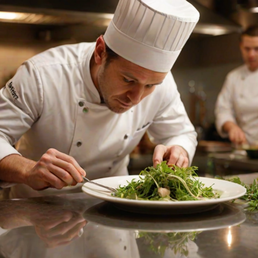 Warmly lit close-up of a chef garnishing a plate with fresh herbs in a gourmet kitchen, soft glow from overhead lights illuminating the food, with distant bustling kitchen activity slightly blurred.