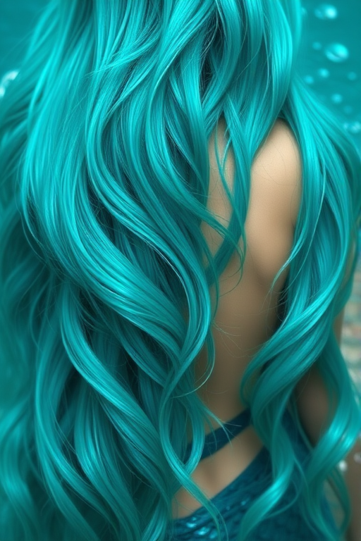 Vibrant teal mermaid waves cascade down her shoulders, shimmering with iridescent highlights, creating a mesmerizing oceanic effect that captivates onlookers with its ethereal beauty and depth.