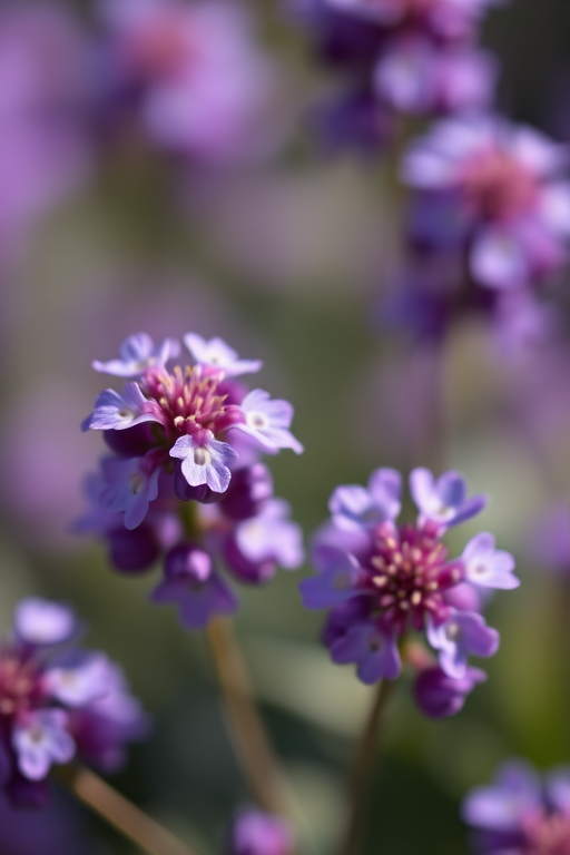 macro shot of purple flowers with a blurred background, 50mm lens, f/2.8 aperture, ISO 100, natural light, taken from a slightly angled view with a shallow depth of field, DSLR camera
