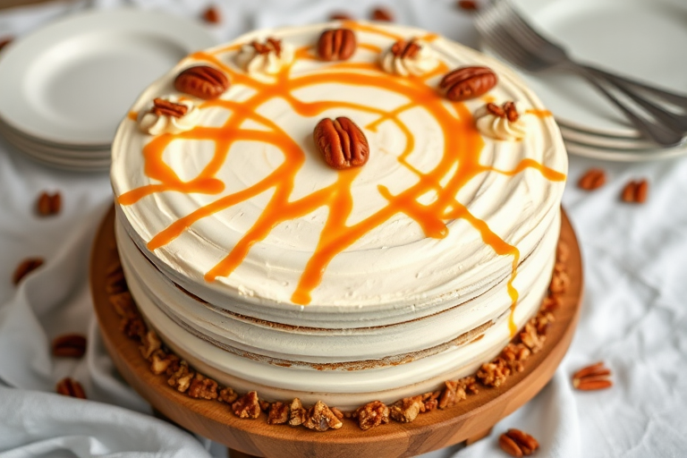 Create an image of a round layered cake with a smooth cream frosting decorated with swirls on top and a single pecan in the center. The cake sits on a wooden cake stand and has a border of chopped pecans around the base. Drizzle caramel sauce over the top, and place the cake on a white cloth background with some plates and utensils in the blurred background.