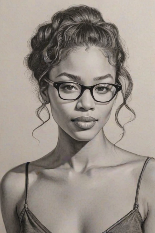 Ravishing Kylie Bunbury, pencil sketch, portrait of Enticing woman 1932s in glasses, hair style beatnik, outline, clear lines, fine lines, 8k