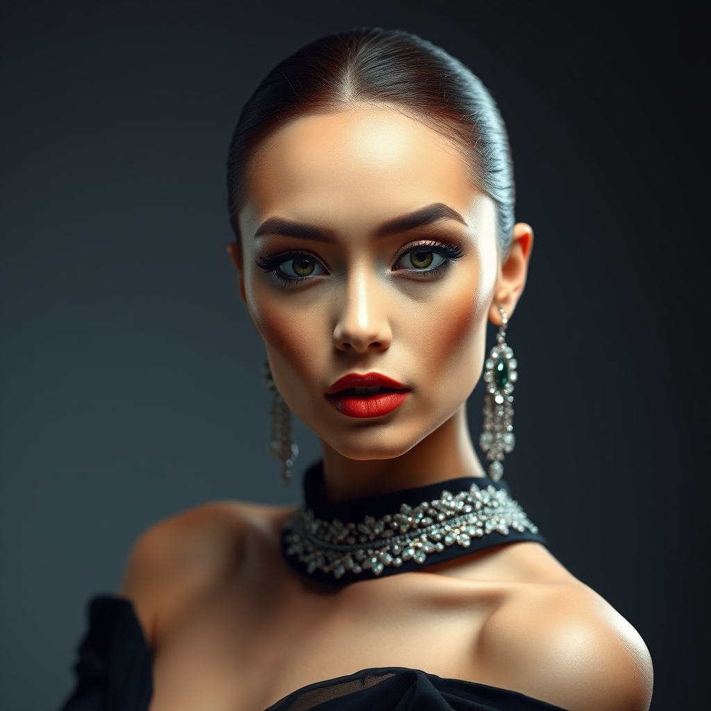 Studio portrait, female model, elegant couture dress, bold makeup, dramatic lighting, Shoot over the shoulder using a telephoto lens to focus on small details like jewelry, makeup, or fabric textures