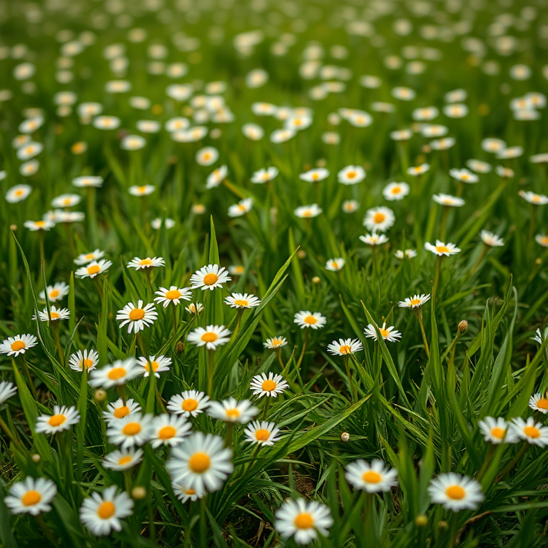 Create a high-resolution digital artwork of a lush green field with scattered white daisies, using a Canon EOS R with a 50mm f/1.8 lens, aperture set to f/2.8, ISO 100, and a shallow depth of field to enhance the focus on the flowers, captured from a low angle view to emphasize the foreground details and a bright, natural light setting for vivid colors.