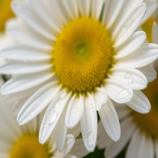 close-up of white daisies with yellow centers, water droplets on petals, soft-focus background, aperture f/2.8, shutter speed 1/200s, ISO 100, macro lens, natural light, DSLR camera