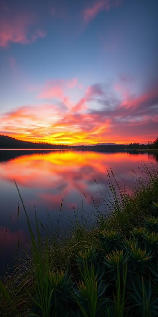 Create a high-resolution image of a serene landscape during sunset with vibrant colors reflecting on a calm lake, capture with a Canon EOS R, 50mm lens, aperture f/2.8, ISO 100, shutter speed 1/125 sec, shot from a low angle to emphasize the foreground.