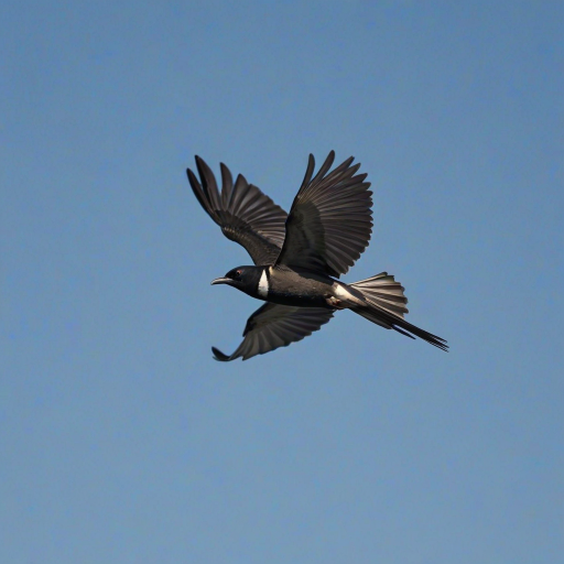 Create an image of a black-headed bird in flight against a clear blue sky, showcasing its long wings and slender body.