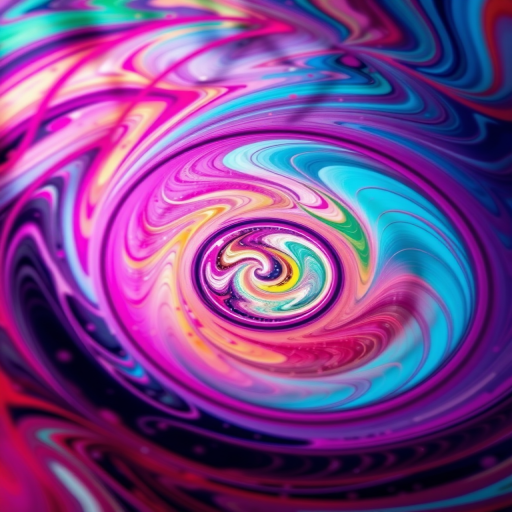 Regenerate an abstract swirl pattern with vibrant colors and intricate lines, using a DSLR camera with a 50mm lens, f/1.8 aperture, ISO 100, shutter speed 1/60s, taken from a slight overhead view with a soft focus effect to enhance depth.