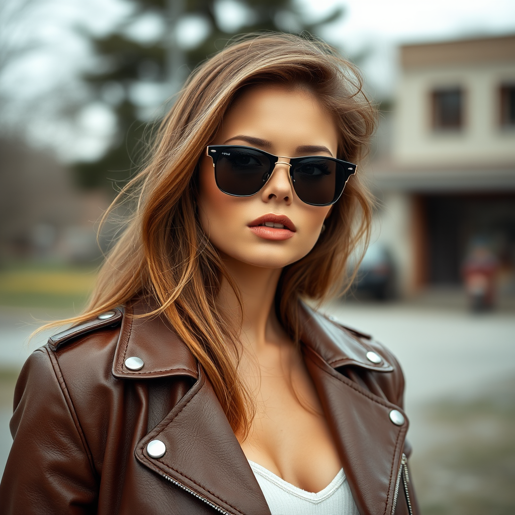 Outdoor shot, stunning female model, vintage leather jacket, sunglasses, cinematic effect, Position the camera at the model’s eye level using a 35mm f/1.4 lens