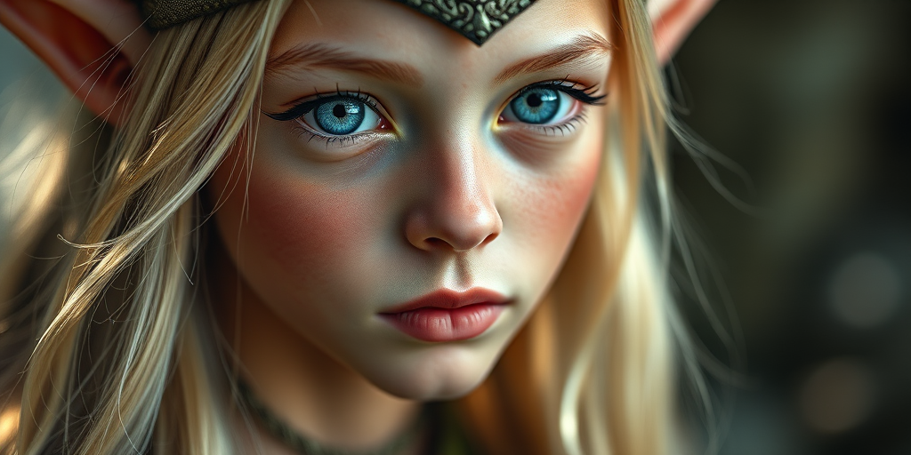 Regenerate a detailed portrait of an elf with long blonde hair and striking blue eyes, using a Canon EOS R5 with an 85mm f/1.2 lens, natural lighting, a shallow depth of field, and a cinematic style to enhance details and color vibrancy.