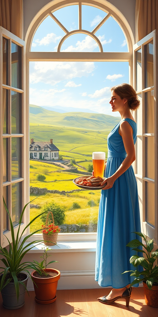 In "A Glass of Beer on the Highland," a serene scene is depicted in a sunlit room where a woman in a vibrant blue dress stands by a large window. She holds a tray with a hearty meal and a frothy glass of beer, embodying a moment of relaxation. Outside, the breathtaking highland landscape features rolling green hills and a charming traditional house, all bathed in warm afternoon light. The interior is adorned with potted plants, creating a harmonious blend of comfort and nature. The painting beautifully captures the tranquility and joy found in simple pleasures amidst stunning scenery