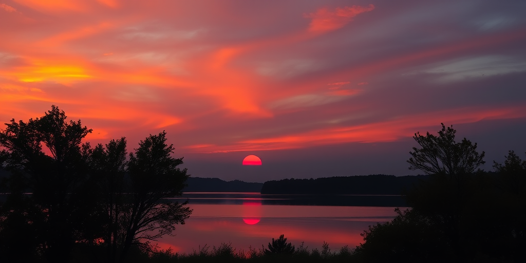 Generate a vibrant sunset over a calm lake, with silhouetted trees in the foreground, shot with a Canon EOS R5, ISO 100, f/8, 1/200 sec, wide-angle lens, and golden hour lighting for enhanced color saturation and detail.