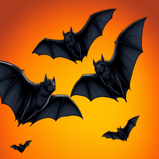 Create a high-resolution illustration of black bats flying against a vibrant orange and yellow gradient background, using a digital drawing style with a focus on sharp edges and contrast, shot with a Canon EOS R5 at f/8, ISO 100, and a 50mm lens.