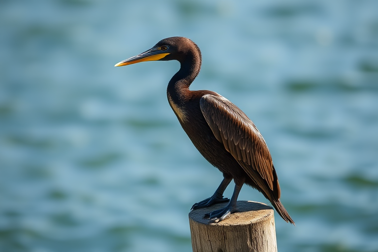 A close-up shot of a cormorant perched on a wooden post near the water, natural lighting, shallow depth of field, ISO 200, f/4, 1/1000s, 85mm lens, DSLR camera.