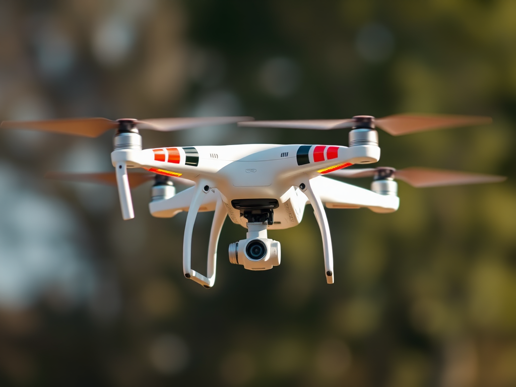 Aerial shot of a drone in flight, captured with a DSLR camera setting at f/2.8, ISO 100, shutter speed 1/2000s, using a wide-angle lens, taken from a low angle to emphasize motion and clarity, with a soft-focus background and sharp detailing on the drone.