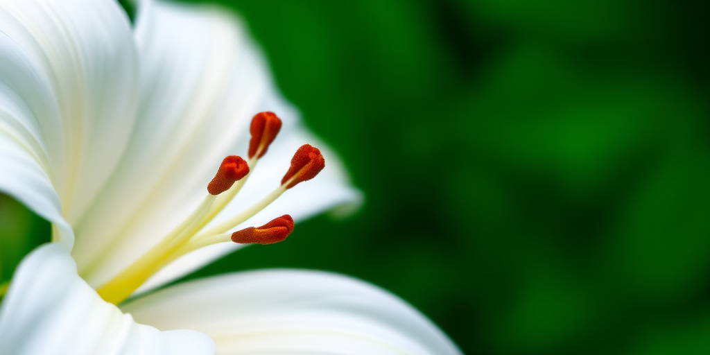 Close-up shot of a white lily on a blurred green background, using a DSLR camera, f/2.8 aperture, 50mm lens, ISO 100, natural lighting, shallow depth of field for enhanced detail and softness.