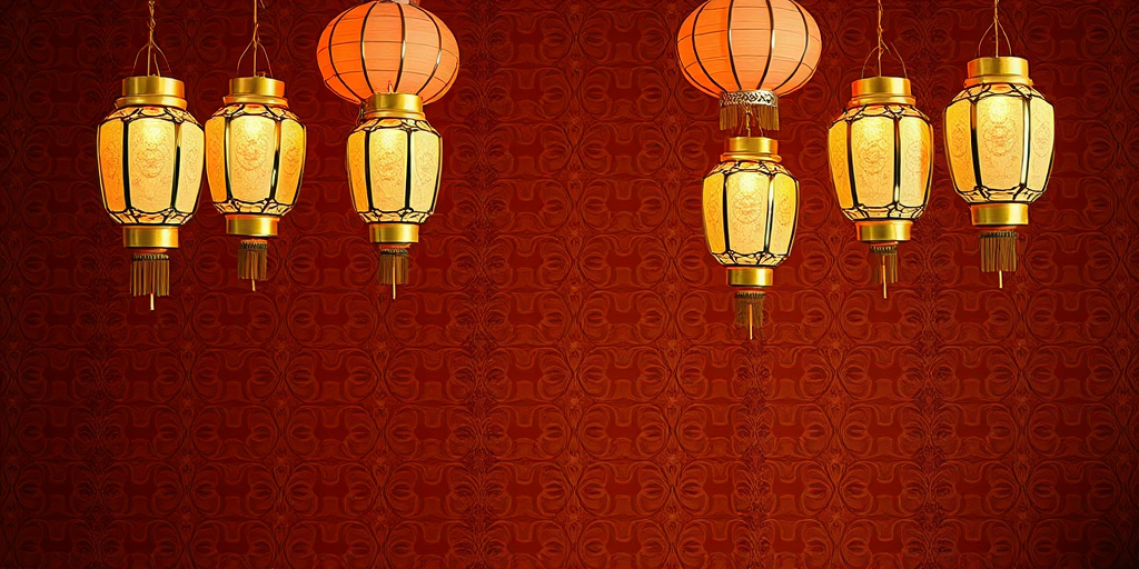 Create an elegant background with hanging golden lanterns on a rich brown patterned backdrop, shot with a Canon EOS R5 at f/2.8, ISO 100, 50mm lens, soft focus view, studio lighting style.