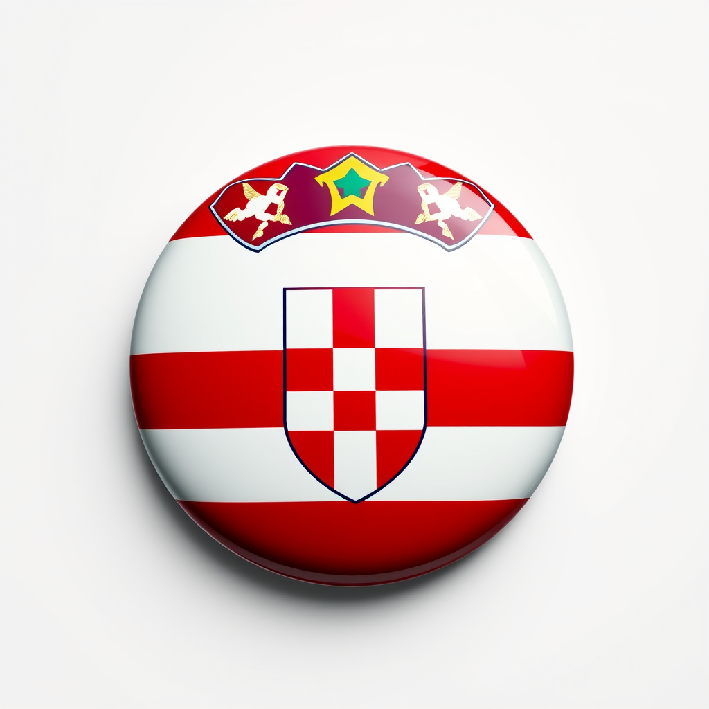 Create a high-resolution image of the Croatian flag emblem with a glossy finish, using a professional DSLR camera set to ISO 100, aperture f/8, and a focal length of 50mm, in a frontal view with soft lighting and a clean background.