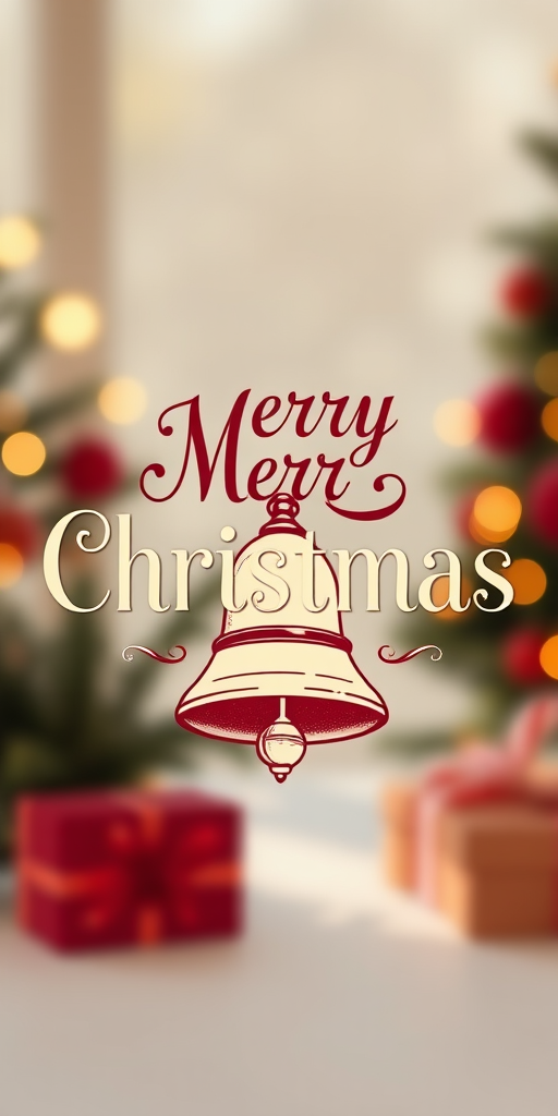 Create a high-resolution vintage Christmas greeting card design featuring elegant typography of "Merry Christmas" with a classic bell illustration, using a soft focus lens, 50mm f/1.8 aperture, in natural light, captured with a DSLR camera at ISO 100.