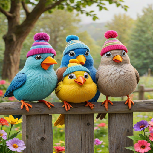 create a scene of 4 quirky  whimsical colourful comical birds each with a funny expression. they are sat on a wooden fence with colourful flowers. they are all different sizes. each one is a different colour  one is wearing a woolly hat. Each one has a different quirky google expression and there is a muted background of trees watercolour paintierly style high definition 8k resolution 3D paper mache
