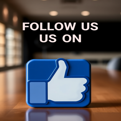 Create a high-resolution image featuring the text "FOLLOW US ON" above a large red Facebook "Like" thumbs-up icon, using a DSLR camera with a 50mm lens, aperture set to f/2.8, ISO 100, shot in a well-lit studio environment with a focus on sharpness and vibrant colors.