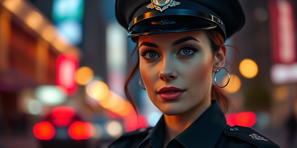 portrait of a female police officer in a city setting at night, soft bokeh background with vibrant city lights, shallow depth of field, f/1.8 aperture, ISO 100, 50mm lens, DSLR camera, natural lighting, high resolution, focused on facial features and uniform details