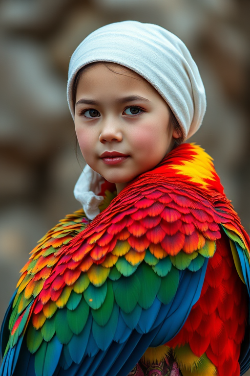 A beautiful Eurasian girl, wearing colorful bird clothing with vibrant colors