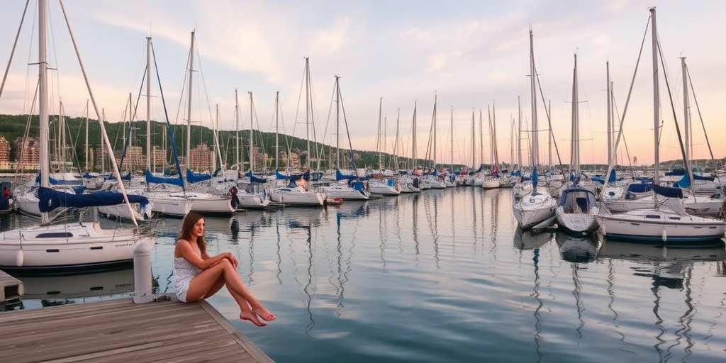 Small harbor filled with sailboats, the water reflecting the late afternoon sky, and a woman sitting at the edge of the dock, her feet dangling over the water.